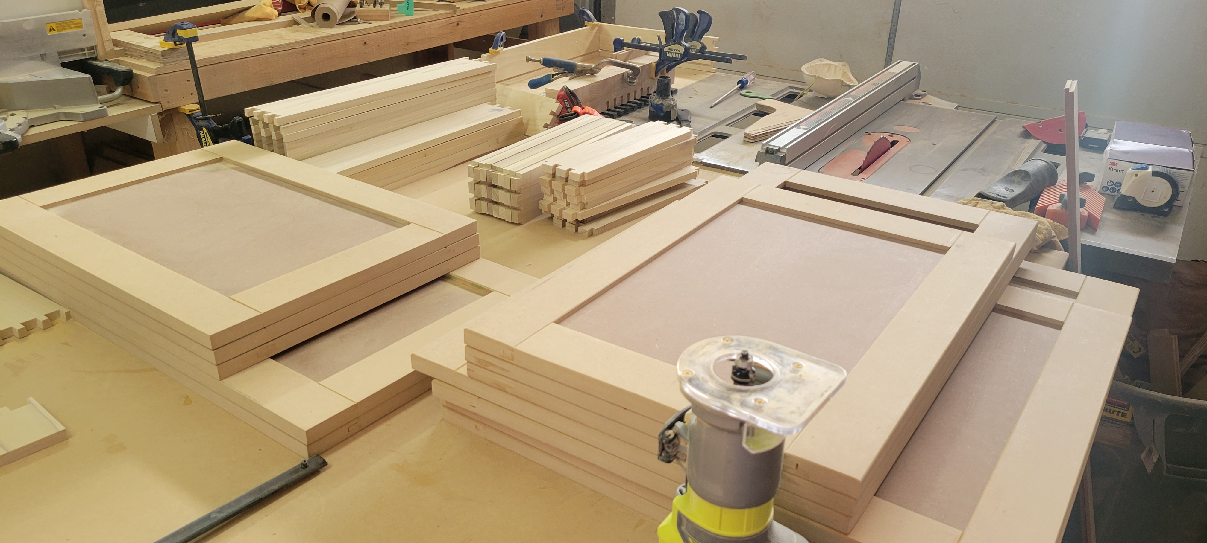 Stacked door components ready for finishing